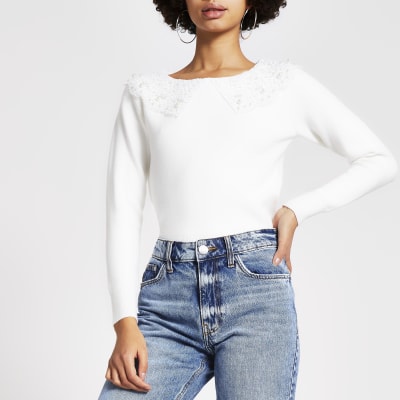 Cream broderie pearl collar knitted jumper | River Island