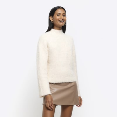 Cream brushed knit jumper River Island
