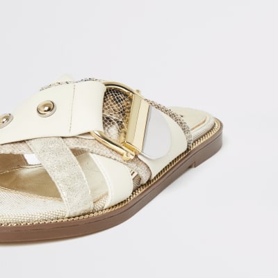 Cream buckle studded strap sandals