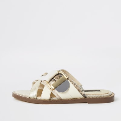 Cream buckle studded strap sandals | River Island
