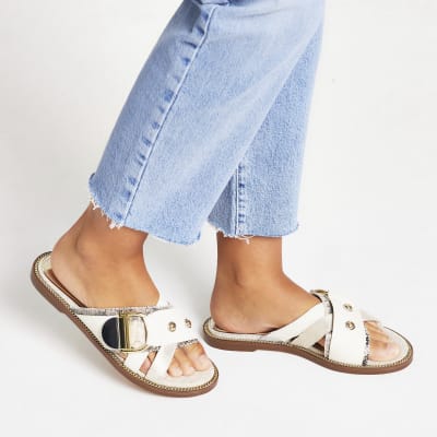 Cream buckle studded strap sandals