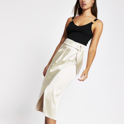 Cream buckle waist satin wrap midi skirt | River Island