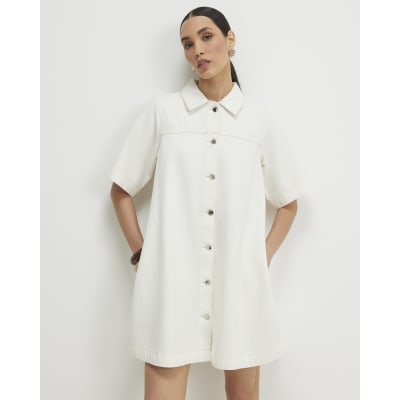 Cream Button Through Denim Dress