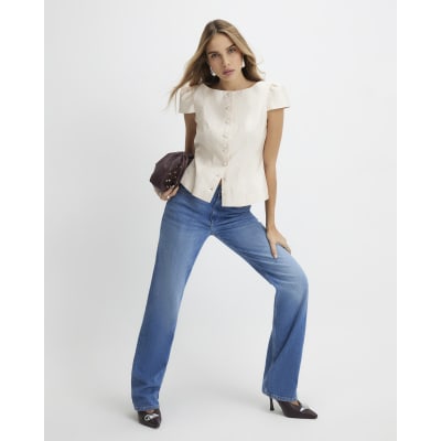 Cream Button Up Puff Sleeve Top