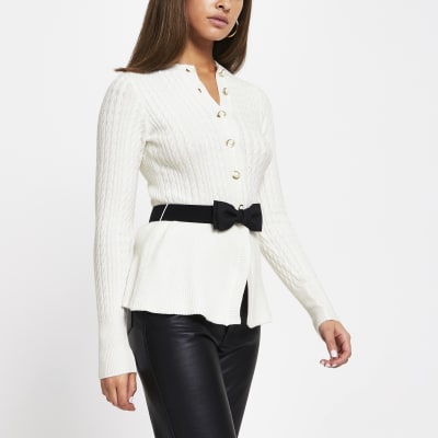 Cream cable knit belted cardigan River Island