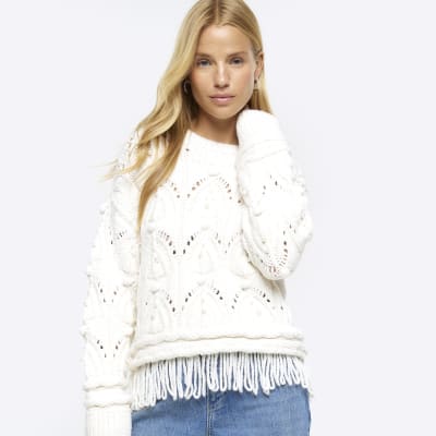 Cream cable knit fringe jumper River Island