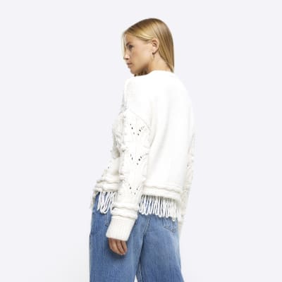 Cream cable knit fringe jumper River Island