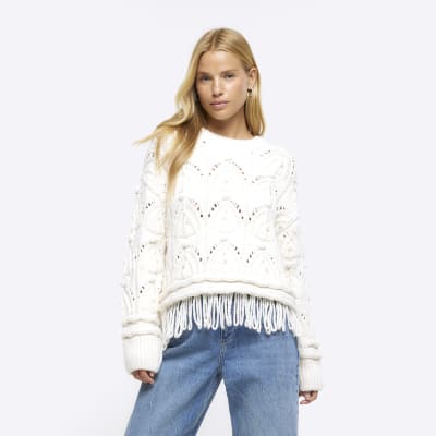 Cream cable knit fringe jumper River Island
