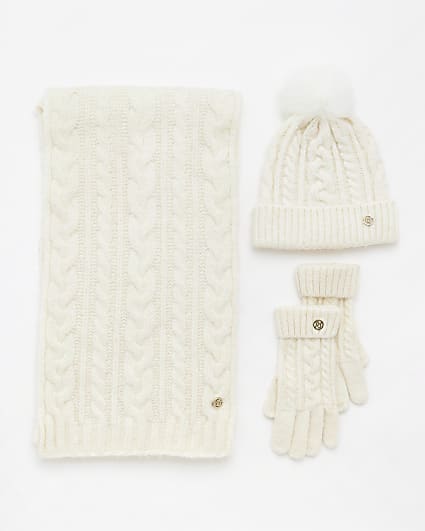 Cream cable knit hat scarf and gloves set