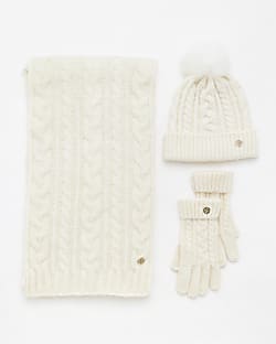 Cream cable knit hat scarf and gloves set