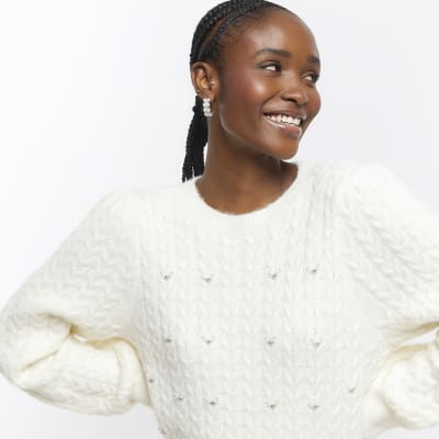 Cream cable knit jumper mini dress River Island