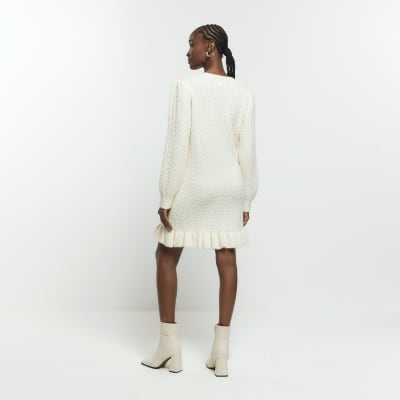 Cream cable knit jumper mini dress | River Island
