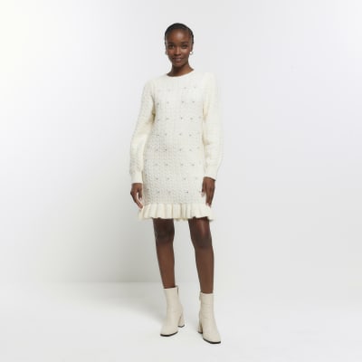 Deliah Mini Dress - Cable Knit Sweater Dress in Cream