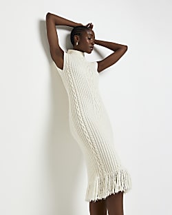Cream cable knit midi bodycon dress
