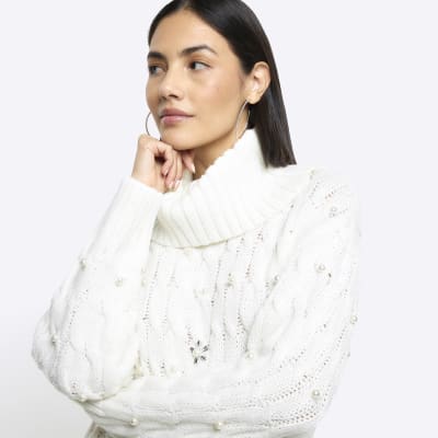 Cream cable knit pearl jumper mini dress River Island