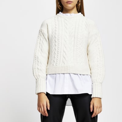 Cream Cable Knit Shirt Jumper River Island