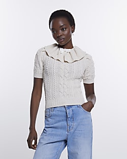 Cream cable knit short sleeve top