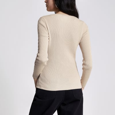 Cream cable knit V neck jumper