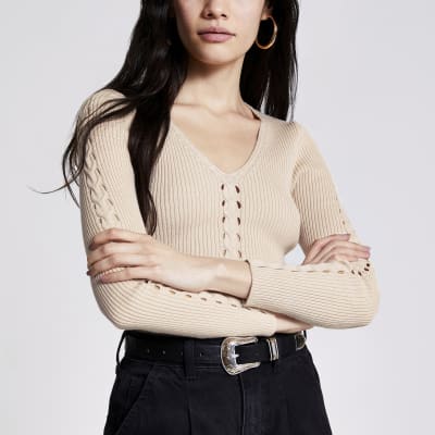 Cream cable knit V neck jumper