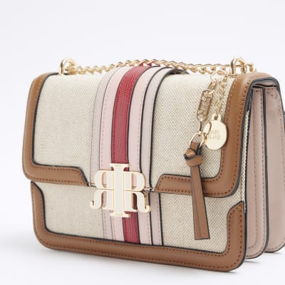 Cream canvas stripe chain cross body bag River Island