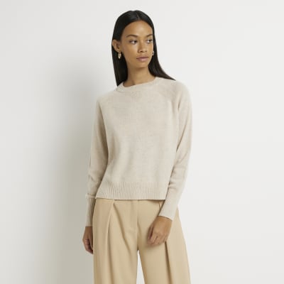 Cream cashmere long sleeve jumper | River Island