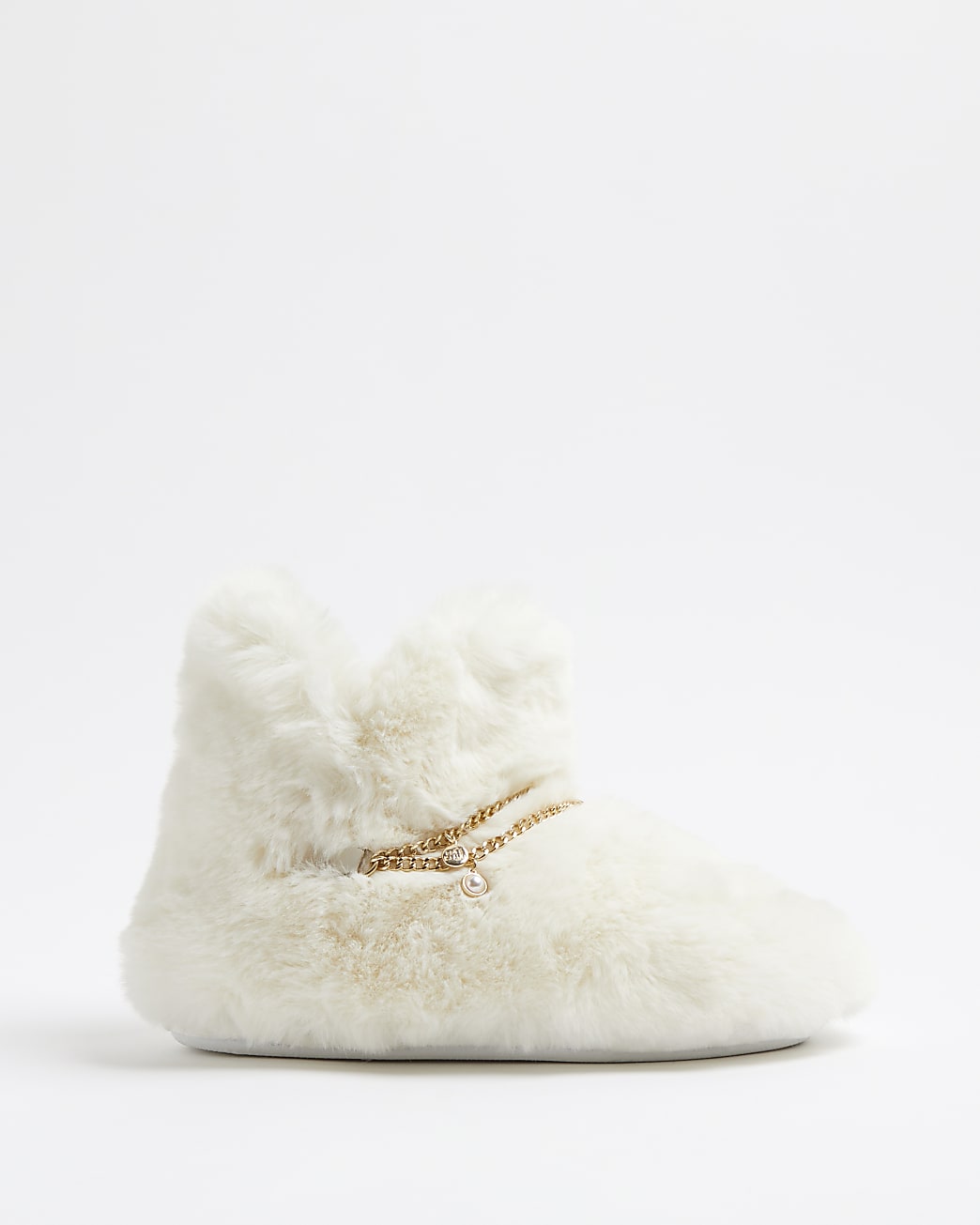 Cream chain detail faux fur slipper boots
