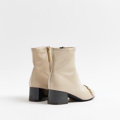 Cream chain heeled ankle boots River Island
