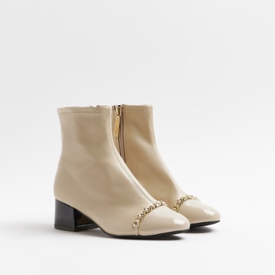Cream chain heeled ankle boots River Island