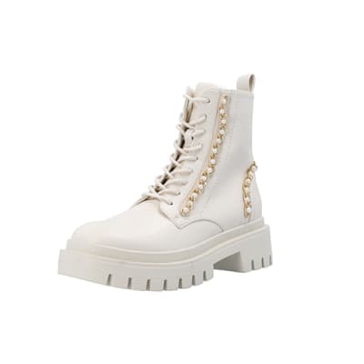 Cream chain lace up chunky boots | River Island