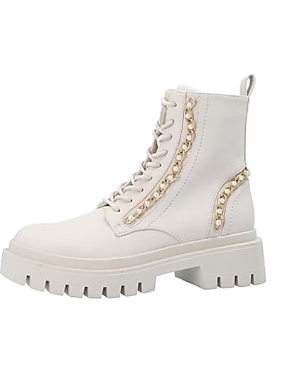 360 degree animation of product Cream chain lace up chunky boots frame-2