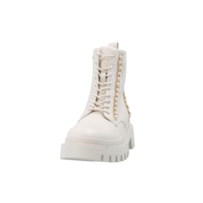 Cream chain lace up chunky boots | River Island