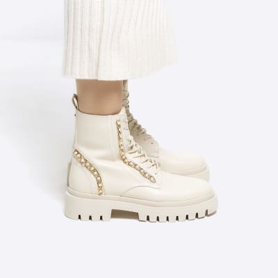 Cream Lace Up Chunky Boots, Footwear