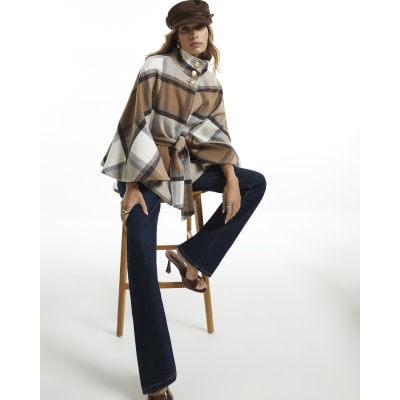 Check Funnel Neck Belted Cape Coat