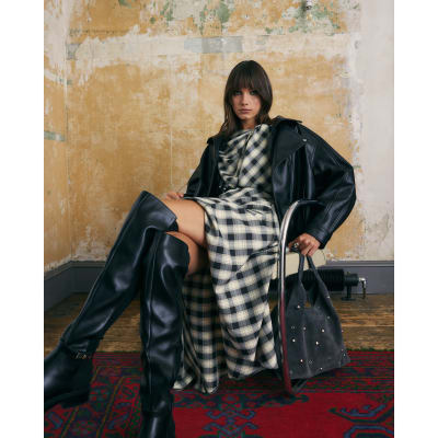 Cream Check Print Knot Maxi Dress