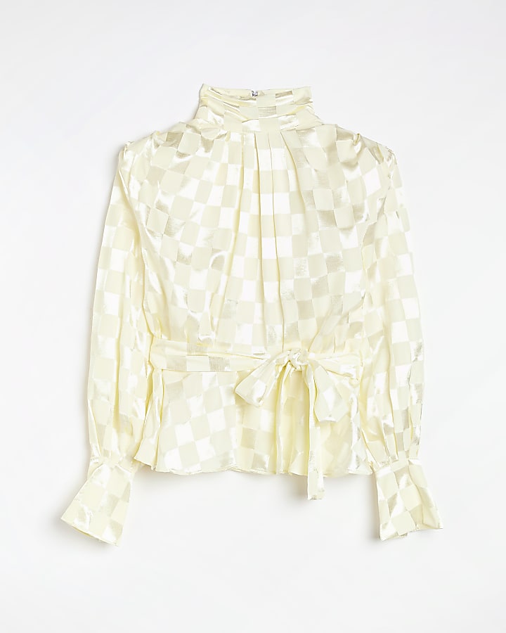 Cream check satin turtleneck blouse