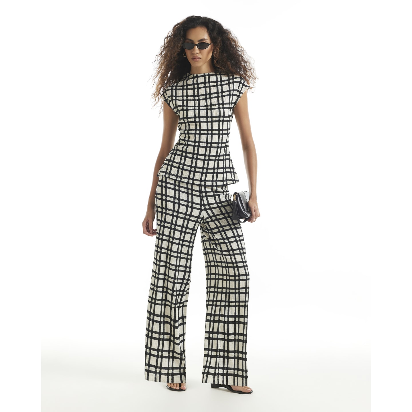 River Island Cream Check Textured Wide Leg Trousers — photo 1 of 1