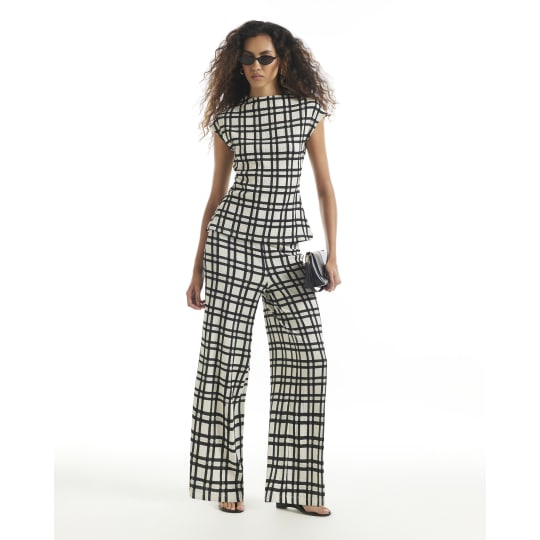 River Island Cream Check Textured Wide Leg Trousers