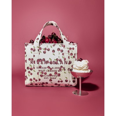 Cream Cherry Embossed Tote Bag