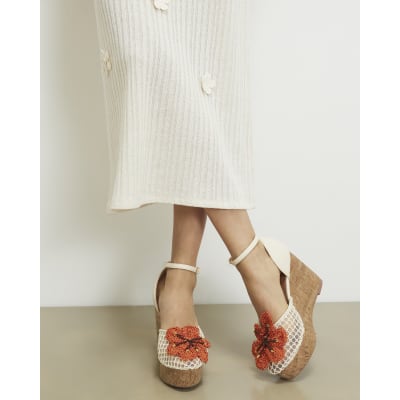 Cream Closed Toe Flower Wedges