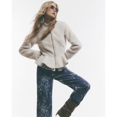 Collarless Borg Peplum Jacket