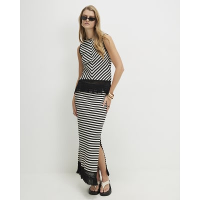 Cream Cotton Blend Fringe Hem Stripe Skirt