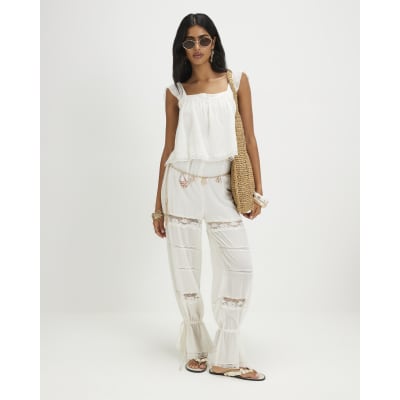 River Island Cream Cotton Blend Lace Insert Jumpsuit