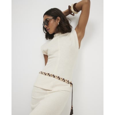 Cream Cotton Blend Textured Grown On Neck Top
