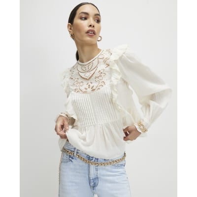 Cream Cotton Cutwork Ruffle Blouse