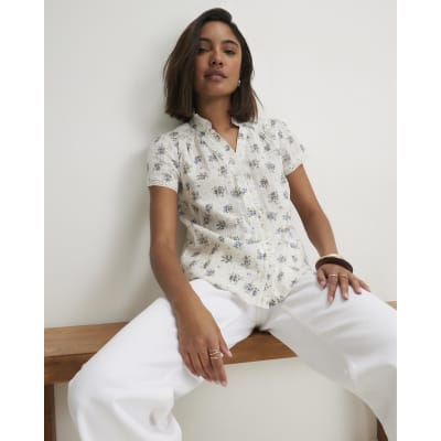 River Island Cream Cotton Floral Short Sleeve Top