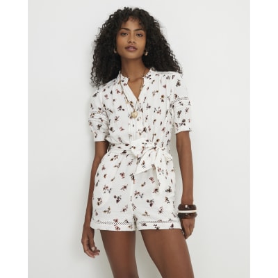 Cream Cotton Floral Textured Playsuit
