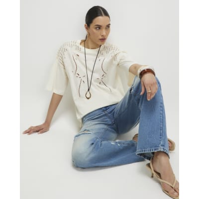 Cream Cotton Palm Broderie T-shirt