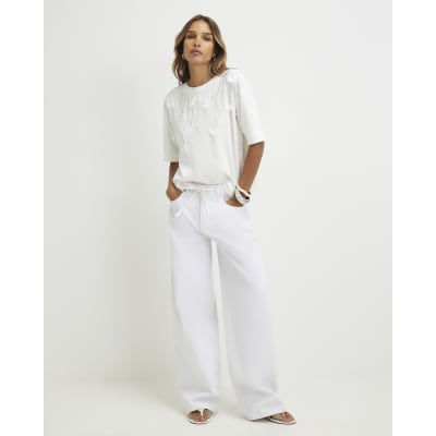 Cream Cotton Petal Embellished T-Shirt