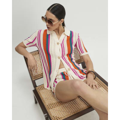 Cream Cotton Striped Crochet Shirt