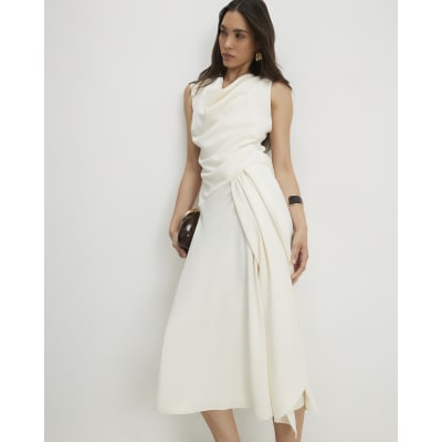 River Island Cream Cowl Neck Asymmetric Midi Dress